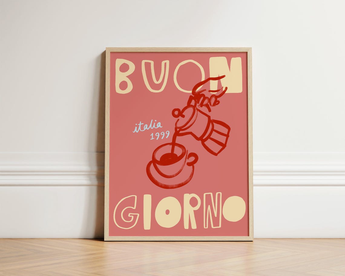 Buon Giorno Italian Coffee Moka Pot Retro Kitchen Typography Poster