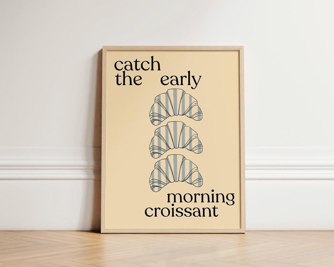 Catch The Early Morning Croissant Retro Striped Kitchen Art Poster