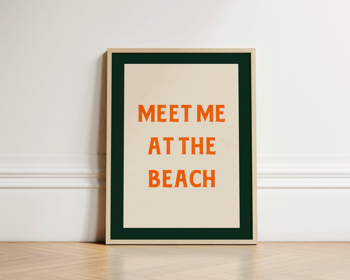 Meet Me at the Beach Retro Typography Wall Poster in Orange and Green