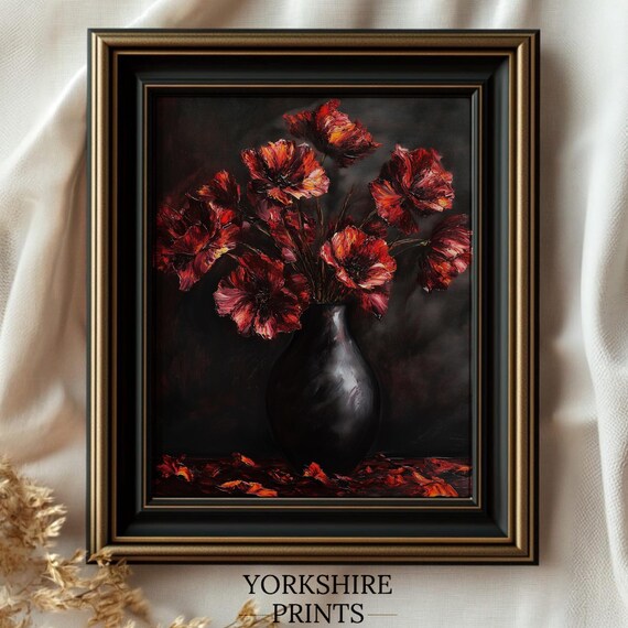 Moody Vintage Flower Print Dark Floral Still Life Oil Painting Flower Wall Art Dark Moody Oil Painting Moody Floral Art Floral Art