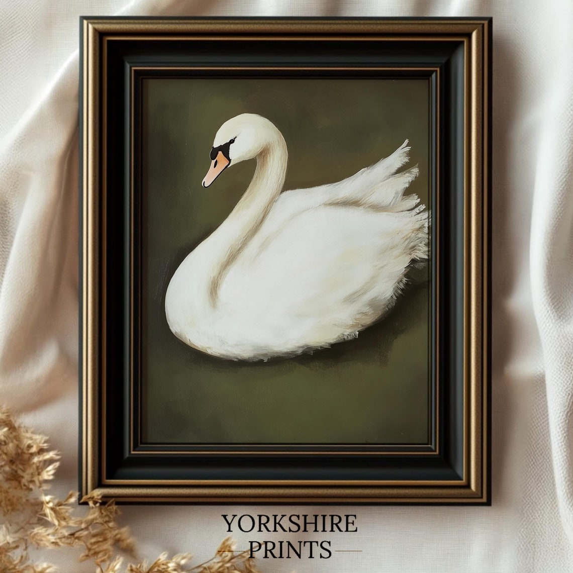 Swan Moody Sage Green Print Vintage Swan Wall Art Antique Swan Painting Dark Academia Print Dark Moody Swan Print Swan Nursery Wall Art