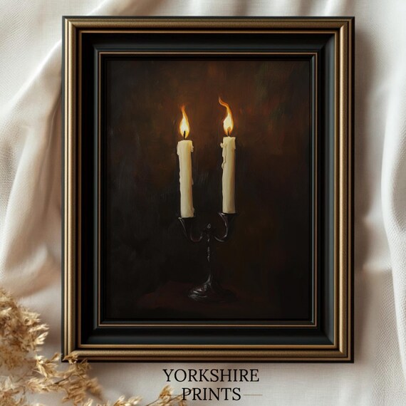 Two Flickering Candles Moody Vintage Art Print Nostalgia Dark Academia Gloomy Night Time Cosy Aesthetic Art Antique Candlesticks Art