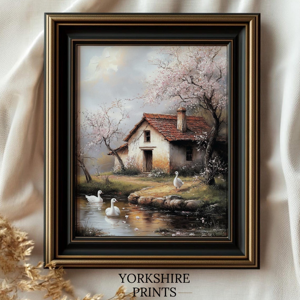 Stone Cottage Cherry Blossom Spring White Ducks Pond Rustic Poster