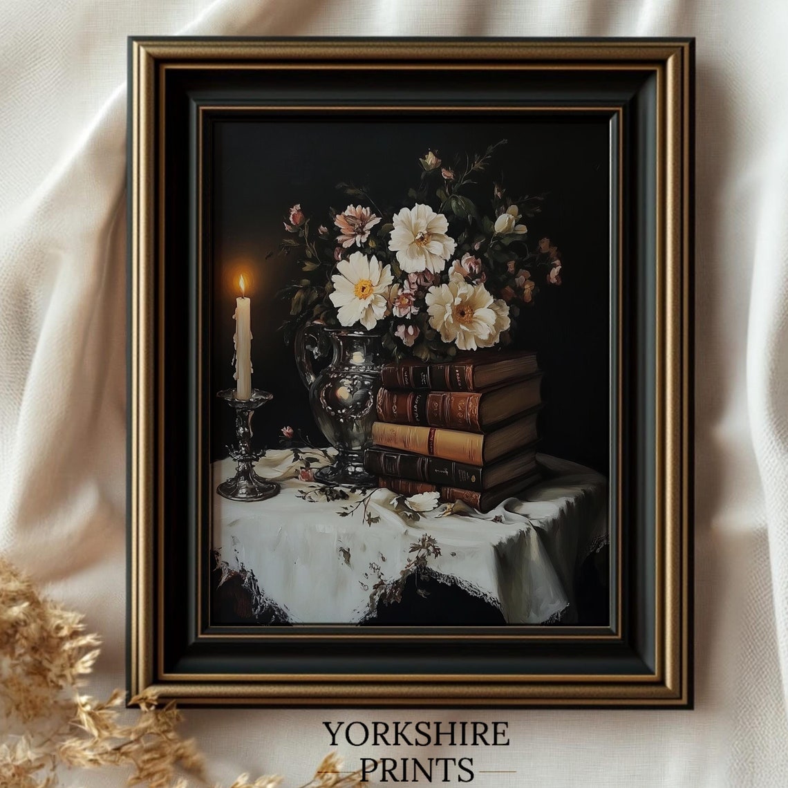 Vintage Floral Still Life With Candle Print Moody Botanical Wall Art Floral Oil Painting Moody Flower Artwork For Living Room