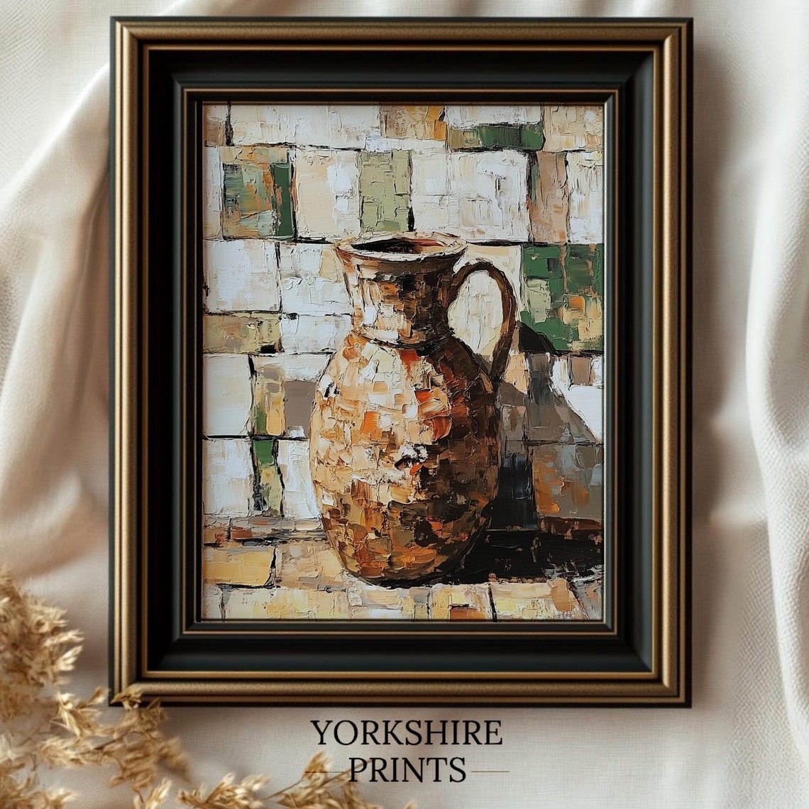 Rustic Ceramic Jug Impasto Oil Painting Tiled Wall Kitchen Art Poster