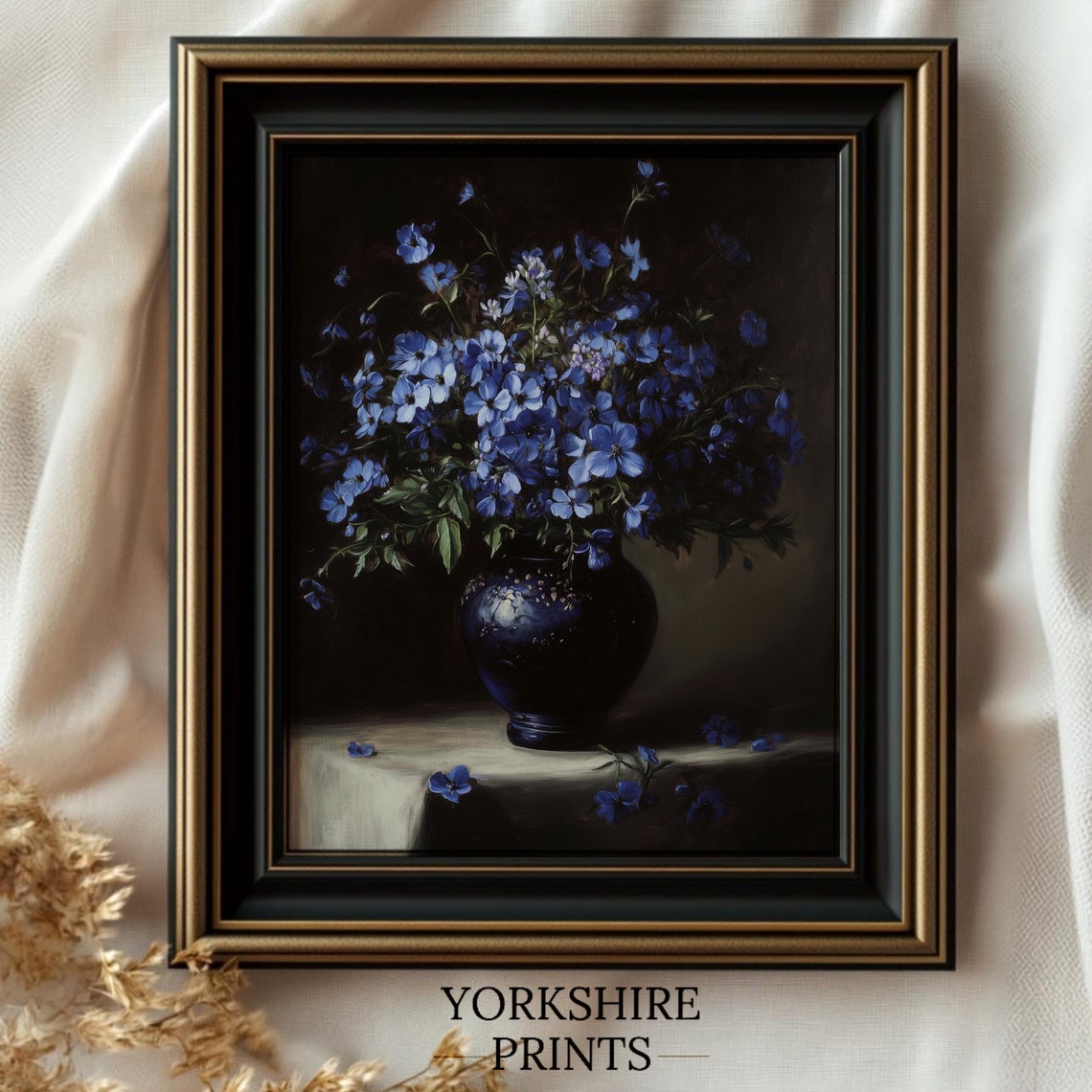 Blue Flax Flowers Art Print Moody Floral Wall Art Floral Still Life Print Botanical Painting Moody Flower Art Vintage Floral Print