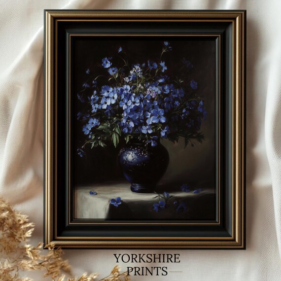Blue Flax Flowers Art Print Moody Floral Wall Art Floral Still Life Print Botanical Painting Moody Flower Art Vintage Floral Print