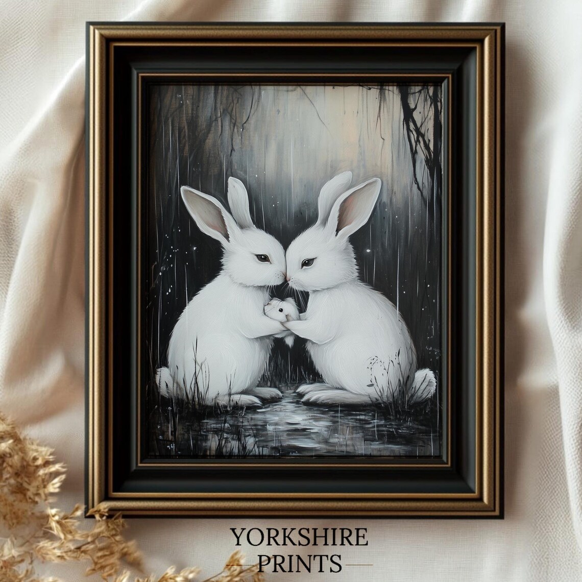Two White Rabbits Baby Bunny Dark Forest Rain Animal Art Poster