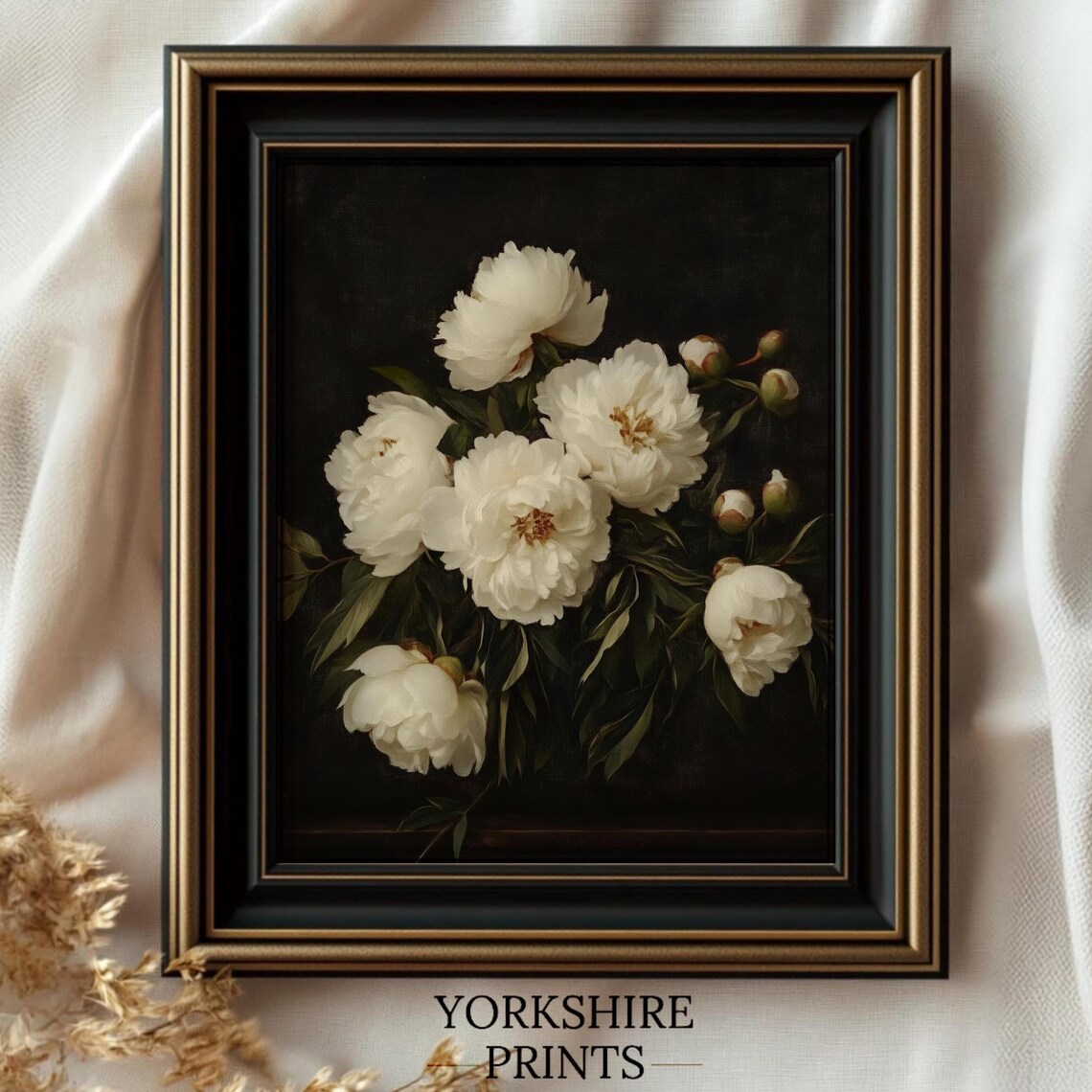 Moody White Peony Vintage Botanical Wall Art Print