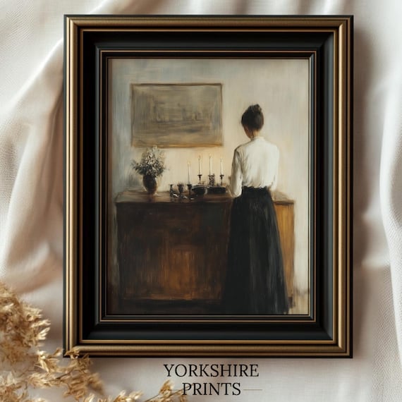 Moody Woman Candlelit Interior Oil Painting Dark Academia Vintage Wall Art