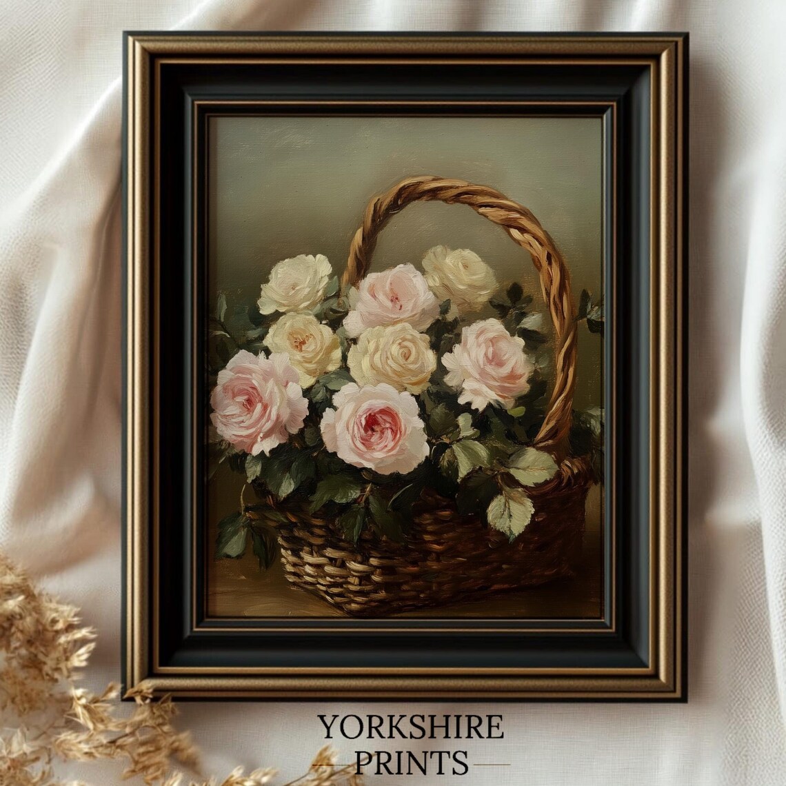 Blush Pink Roses Wicker Basket Vintage Farmhouse Floral Art Poster