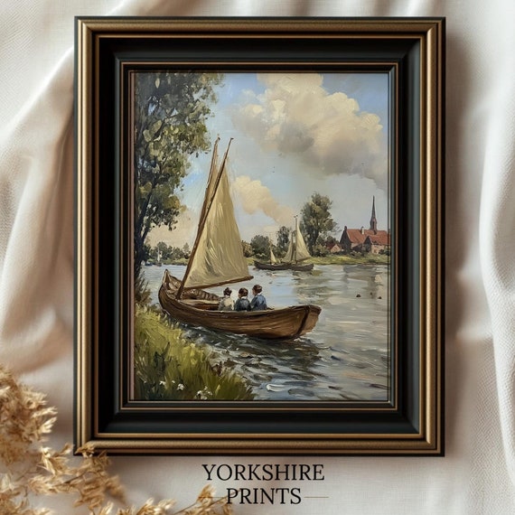 Fisherman In Boat On Lake Art Fishing Wall Art Print Vintage Oil Painting Aesthetic Wall Art Room Decor