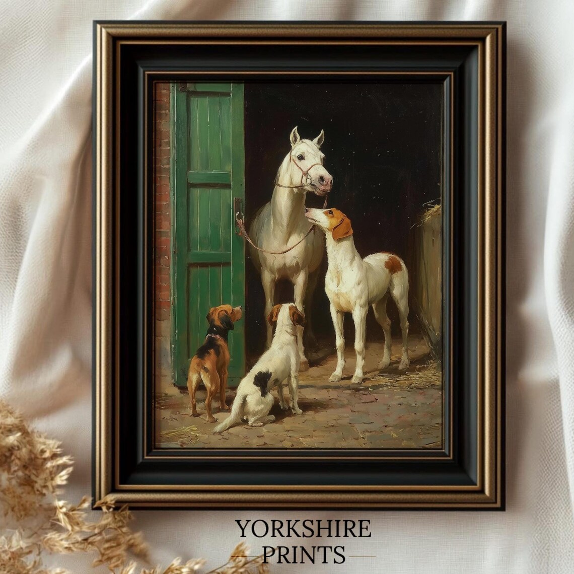 White Horse Hunting Hounds Stable Door Vintage Equestrian Art Poster