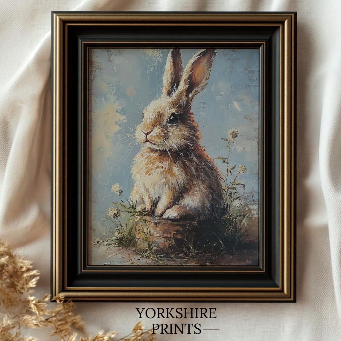 Vintage Rabbit Oil Painting Brown Bunny Dandelion Meadow Farmhouse Wall Art