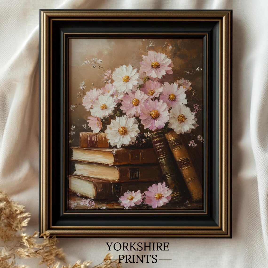 Pink Cosmos Flowers Antique Books Dark Academia Floral Poster