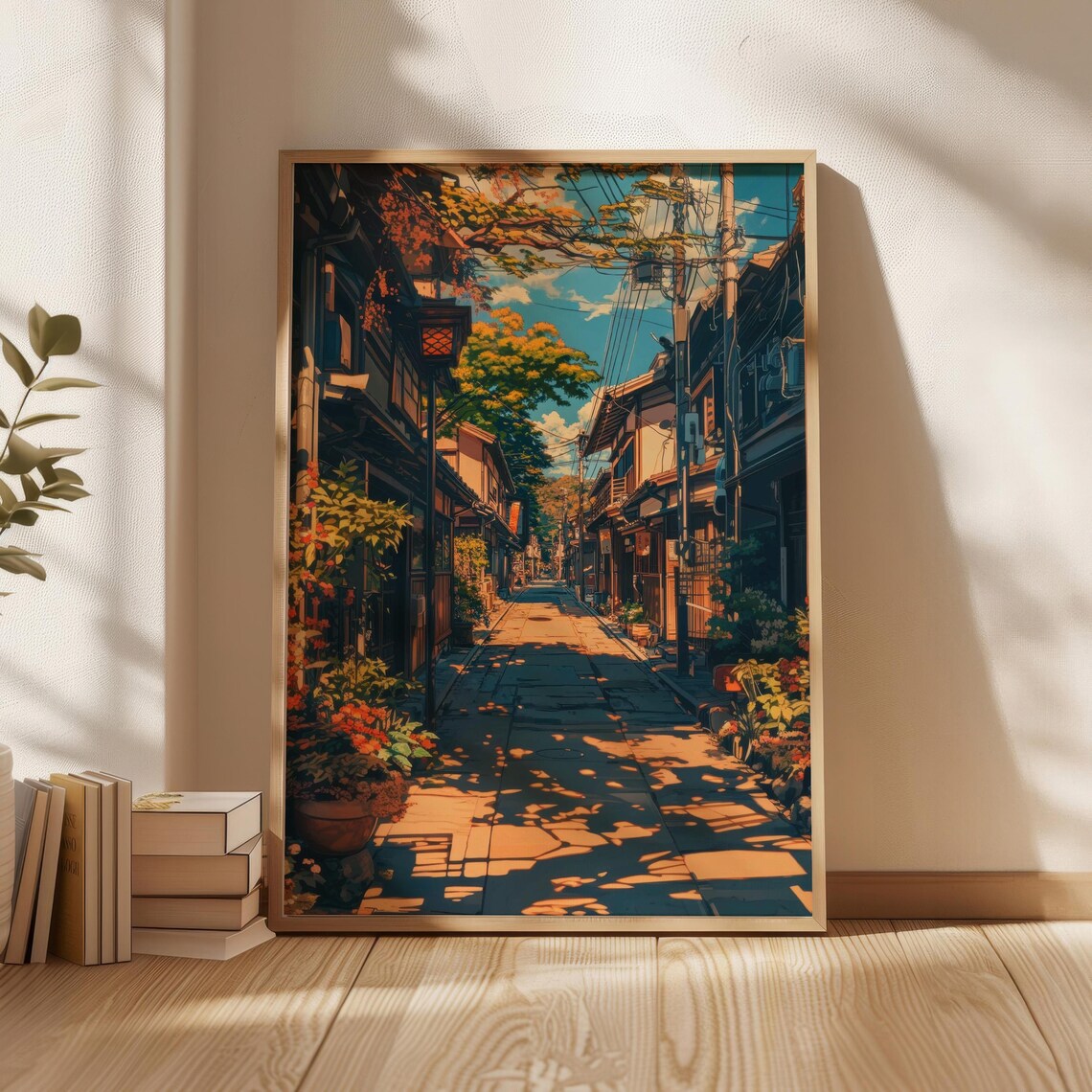 Japanese City Street Golden Hour Anime Style Travel Art Poster