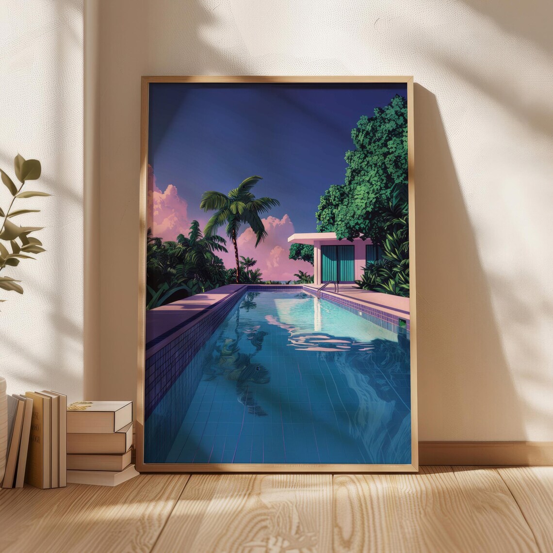 Tropical Pool at Dusk Painting Retro 80s Japanese Pop Palm Tree Art Poster