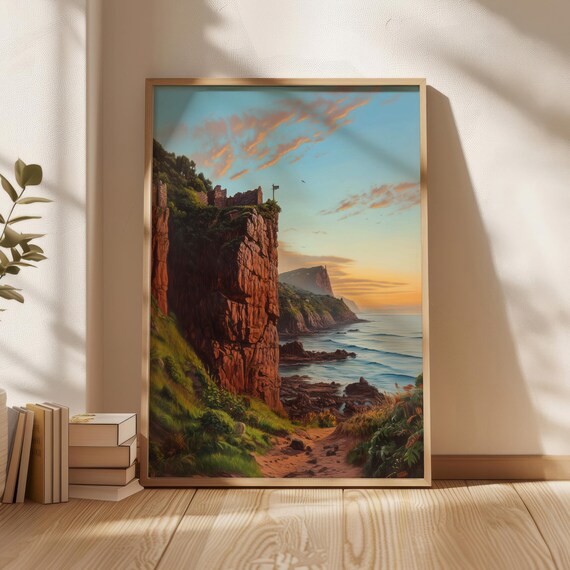 Red Cliff Castle Ruins Sunset Coastal Landscape Painting Poster