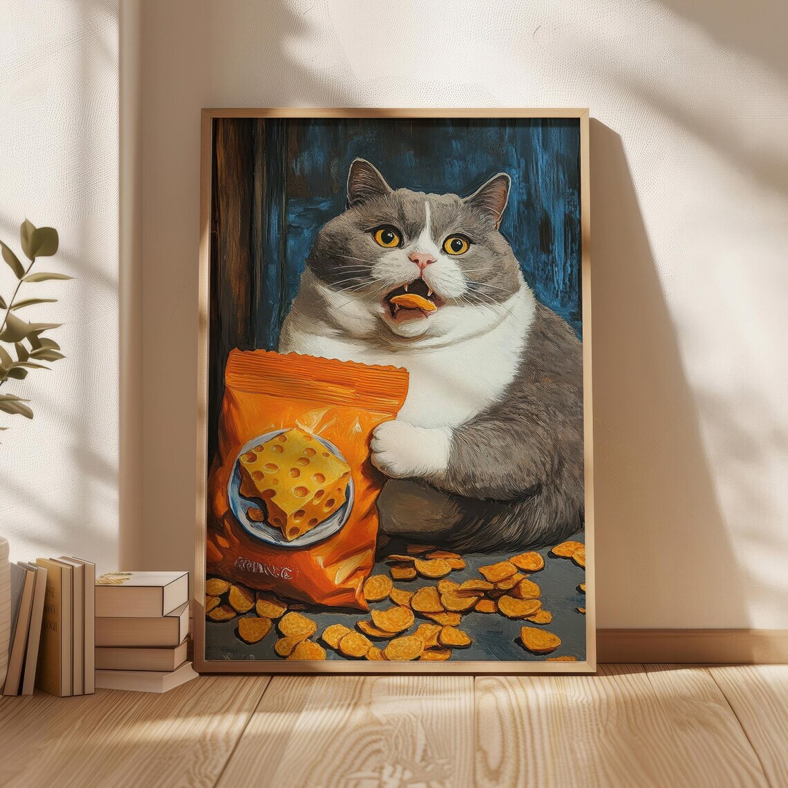 Chubby Gray Cat Eating Cheese Snacks Funny Cat Animal Art Print