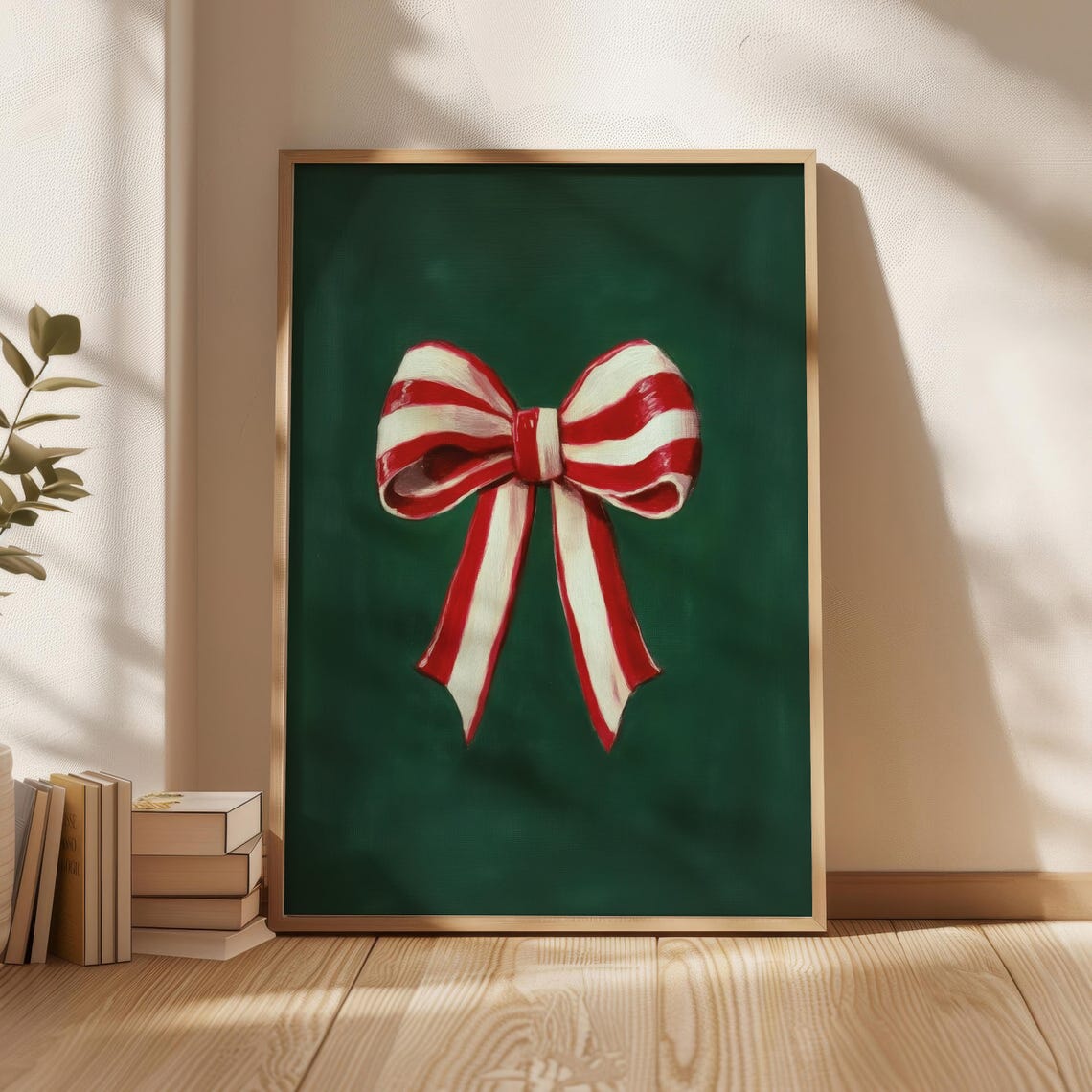 Red White Ribbon Bow Festive Poster Green Background Holiday Decor