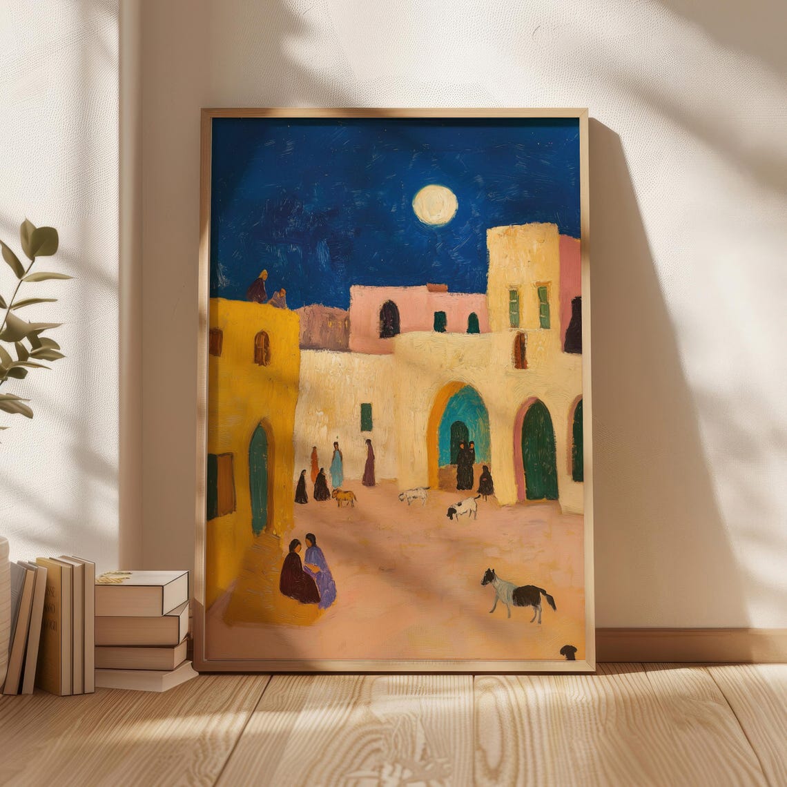 Moonlit Village Square Under A Full Moon Oil Painting Poster