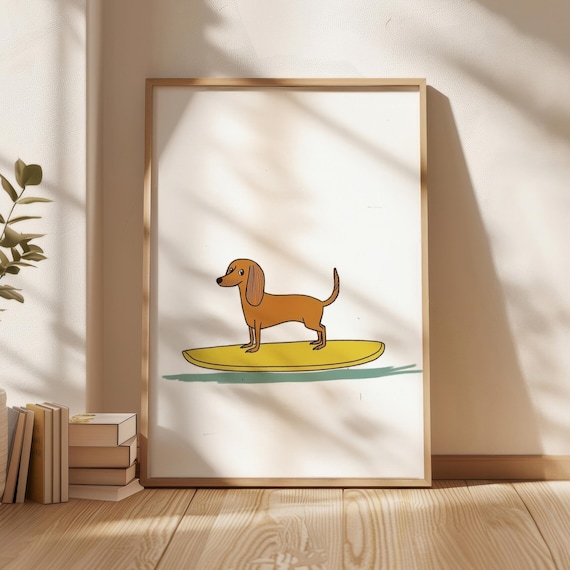 Cute Dachshund Standing on a Yellow Surfboard Poster for Dog Lovers