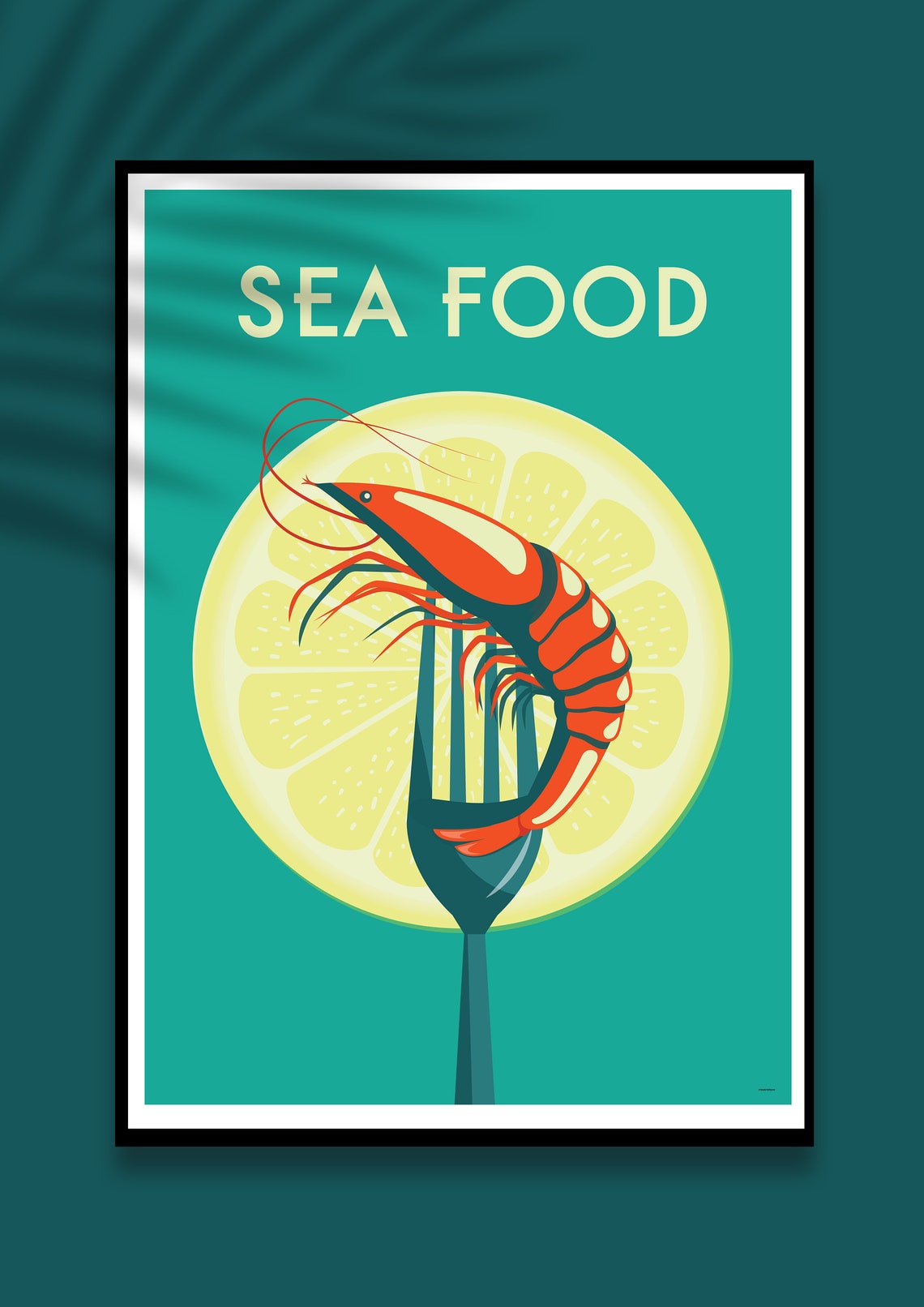 Sea Food Kitchen Poster Retro Shrimp Fork Lemon Slice Pop Design - Image 2