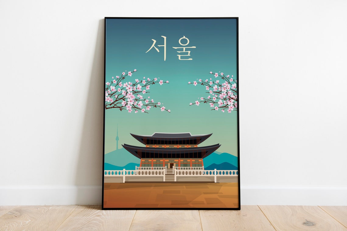 Seoul Korea Travel Poster Palace Cherry Blossoms Traditional Art
