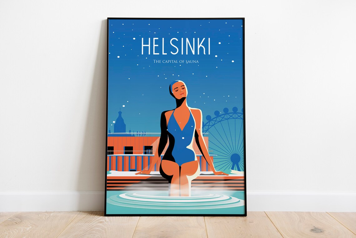 Helsinki Finland Sauna Night Winter Swim Retro Travel Poster