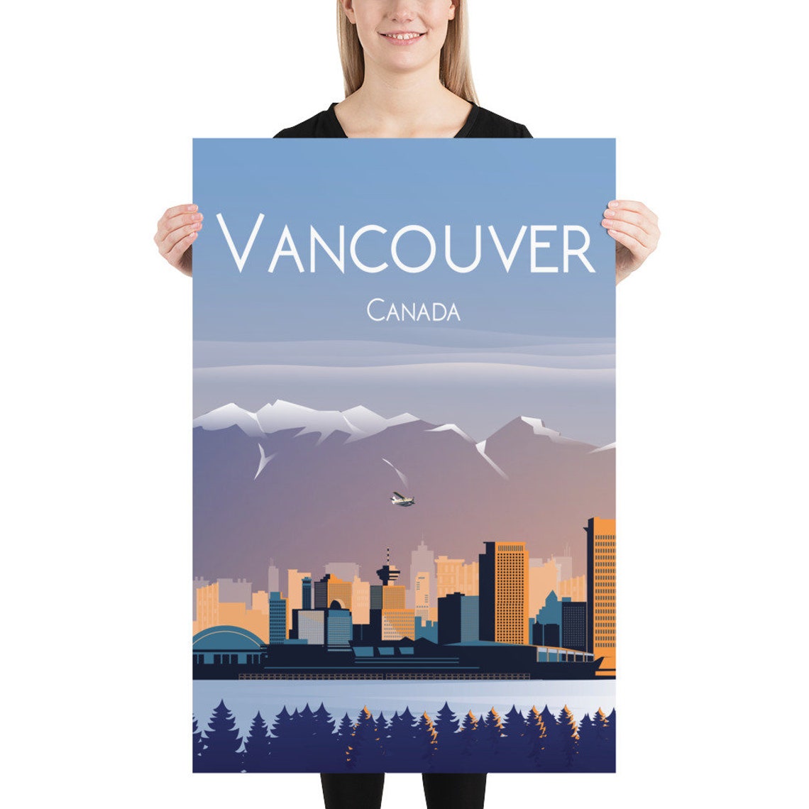 Vancouver Canada Travel Poster Skyline Mountains Seaplane Scene - Image 3