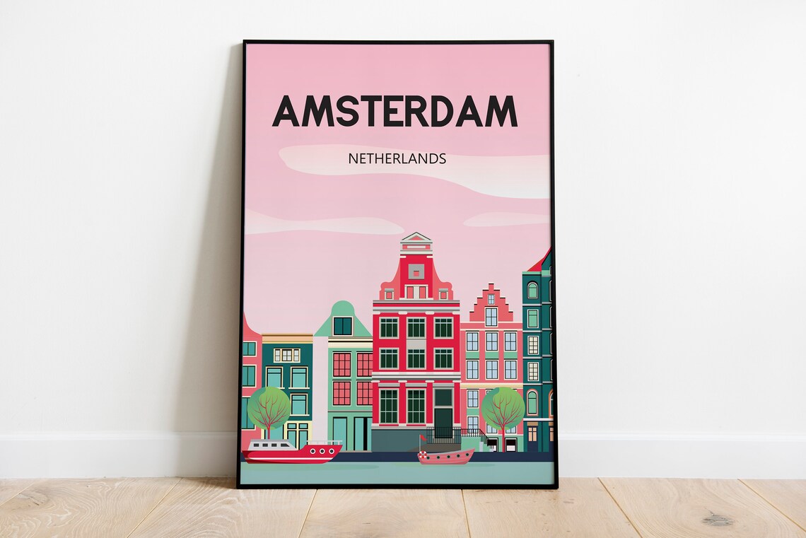 Amsterdam Netherlands Canal Houses Pink Sky Vintage Travel Poster