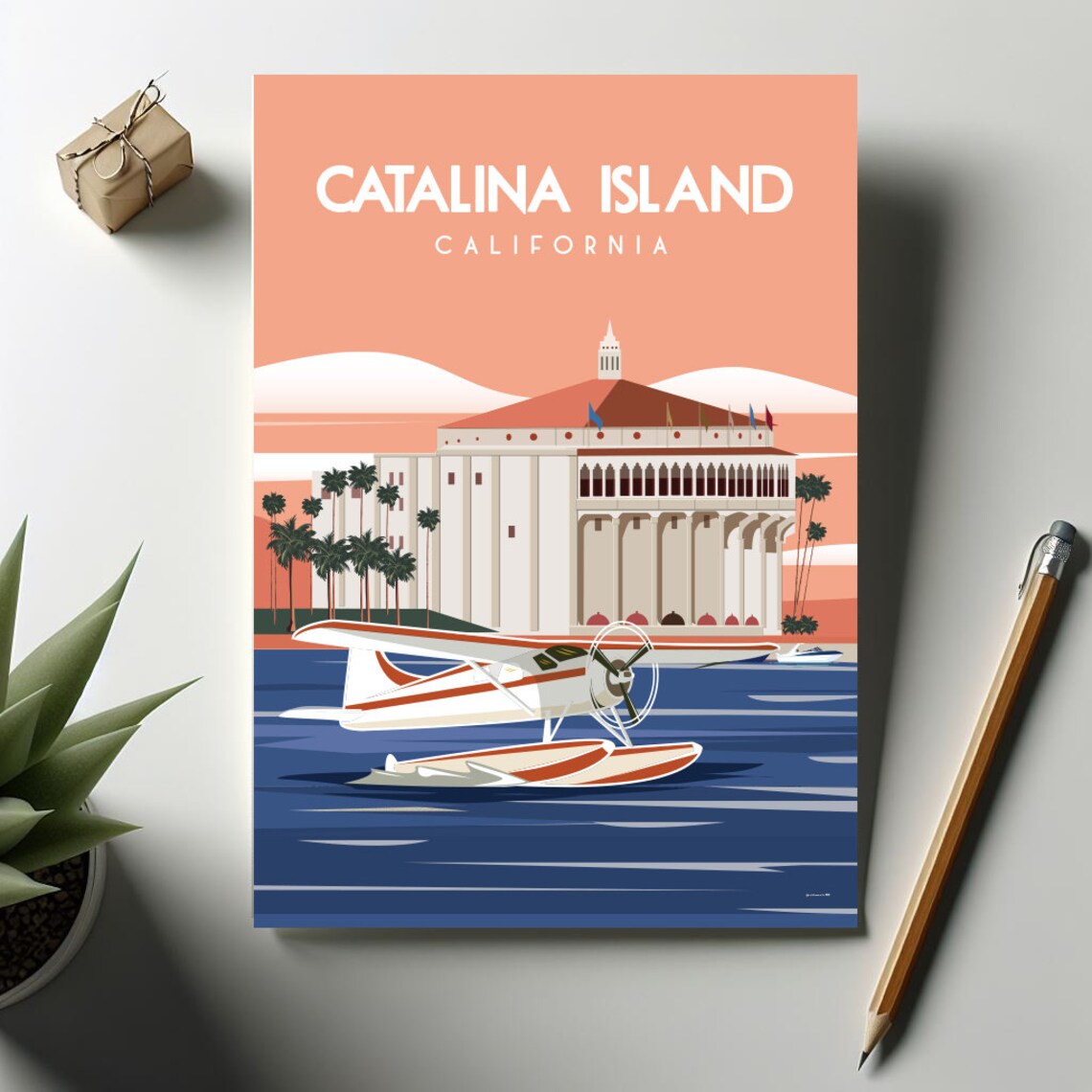 Catalina Island California Travel Poster Casino Seaplane Harbor