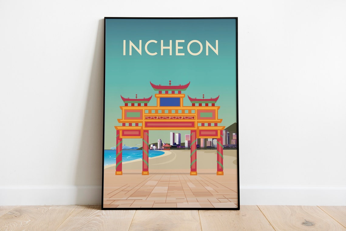 Incheon Korea Travel Poster Traditional Gate Waterfront Scene