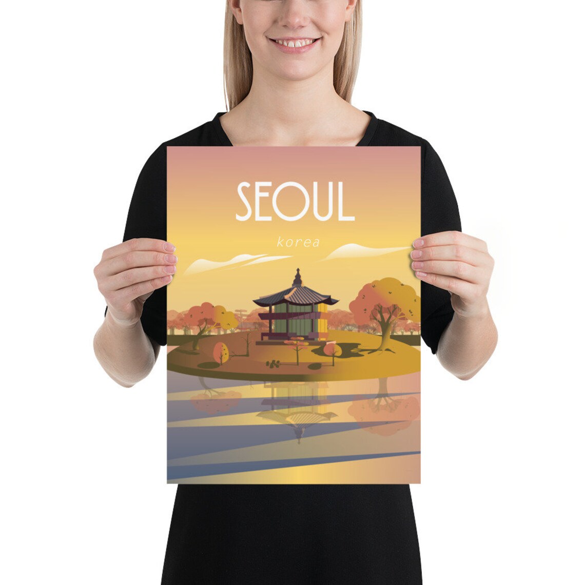 Seoul Korea Travel Poster Pagoda Lake Autumn Sunset Serene Scene - Image 2