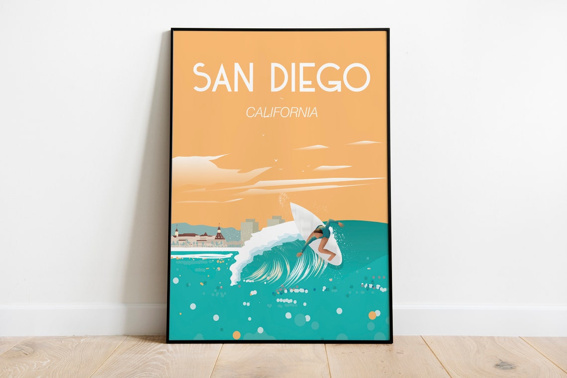 San Diego California Surfer Ocean Wave Retro Beach Travel Poster