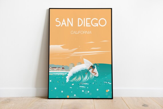 San Diego Surfing Travel Poster Travel Poster Wall Art Sizes Inches 8x10 12x16 12x18 16 X20 18x24 24x36