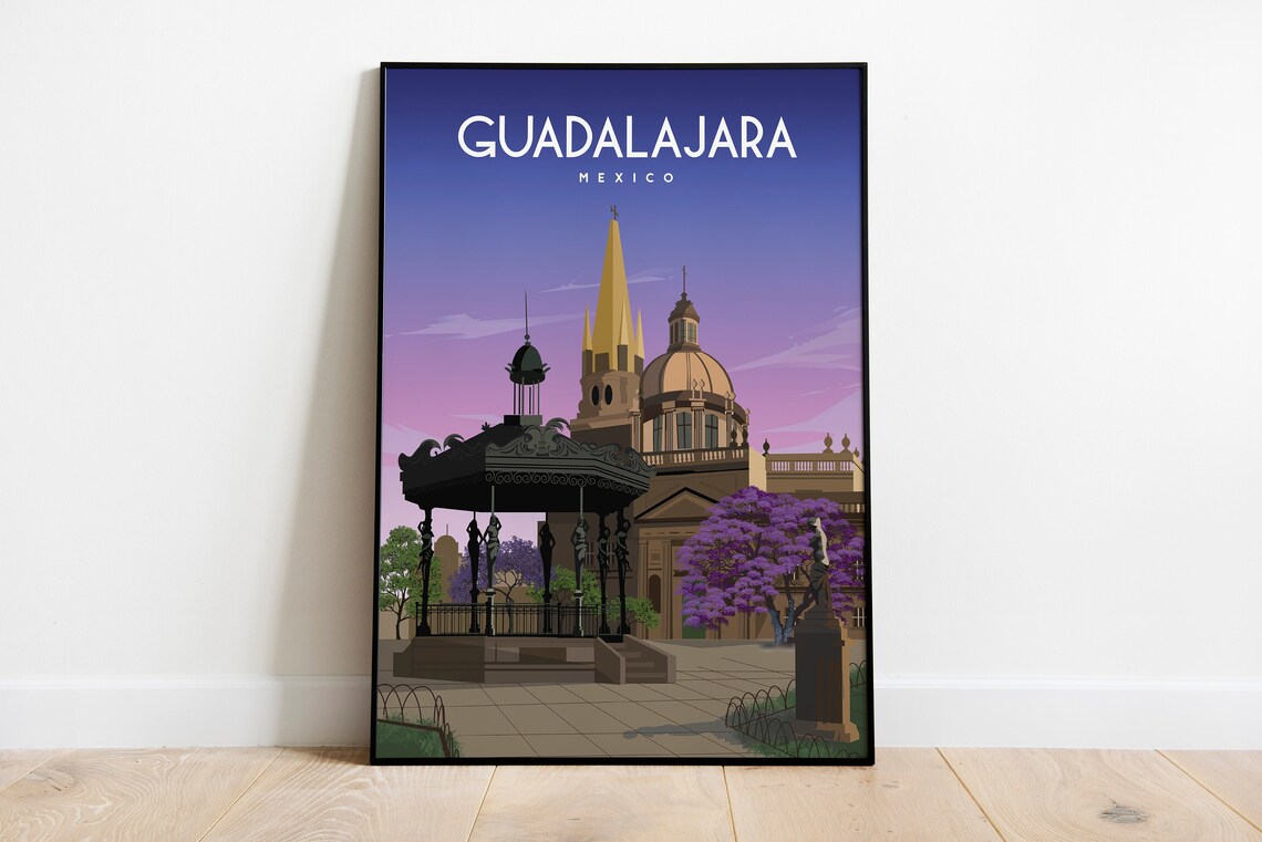 Guadalajara Mexico Cathedral Plaza Bandstand Dusk Travel Poster