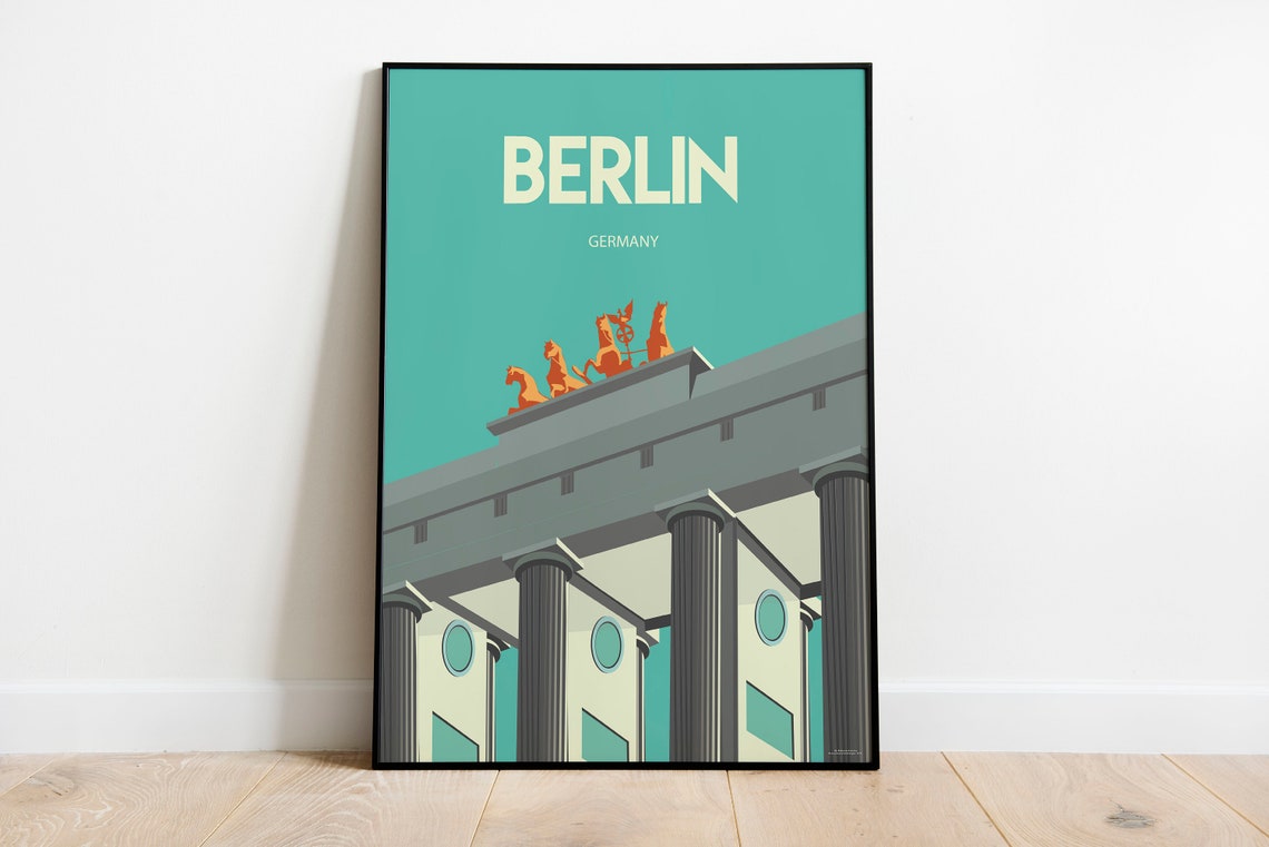 Berlin Germany Brandenburg Gate Quadriga Teal Vintage Travel Poster - Image 2