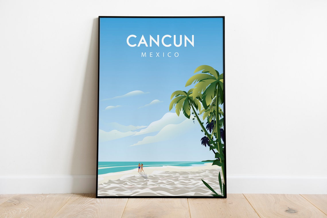 Cancun Mexico White Sand Beach Palm Trees Shore Travel Poster