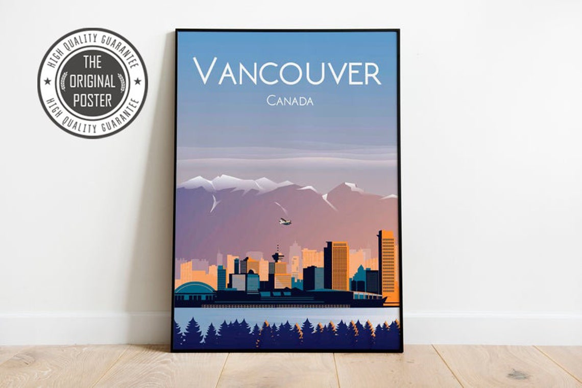 Vancouver Canada Skyline Snowy Mountains Seaplane Travel Poster
