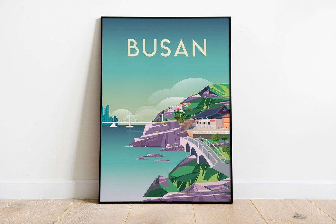 Busan South Korea Coast Temple Bridge Scenic Travel Art Poster