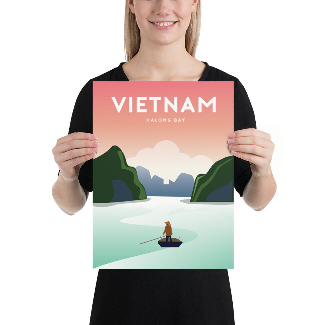 Halong Bay Vietnam Limestone Karsts Fisherman Pastel Travel Poster - Image 2