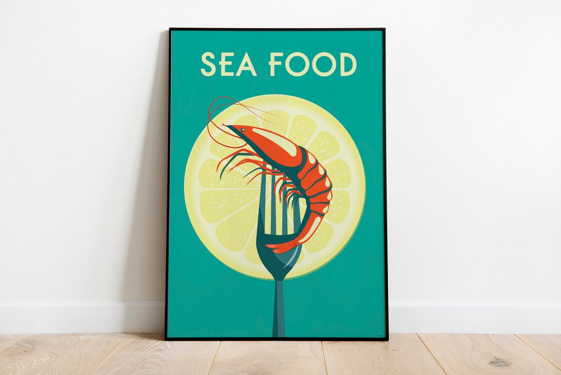Sea Food Kitchen Poster Retro Shrimp Fork Lemon Slice Pop Design