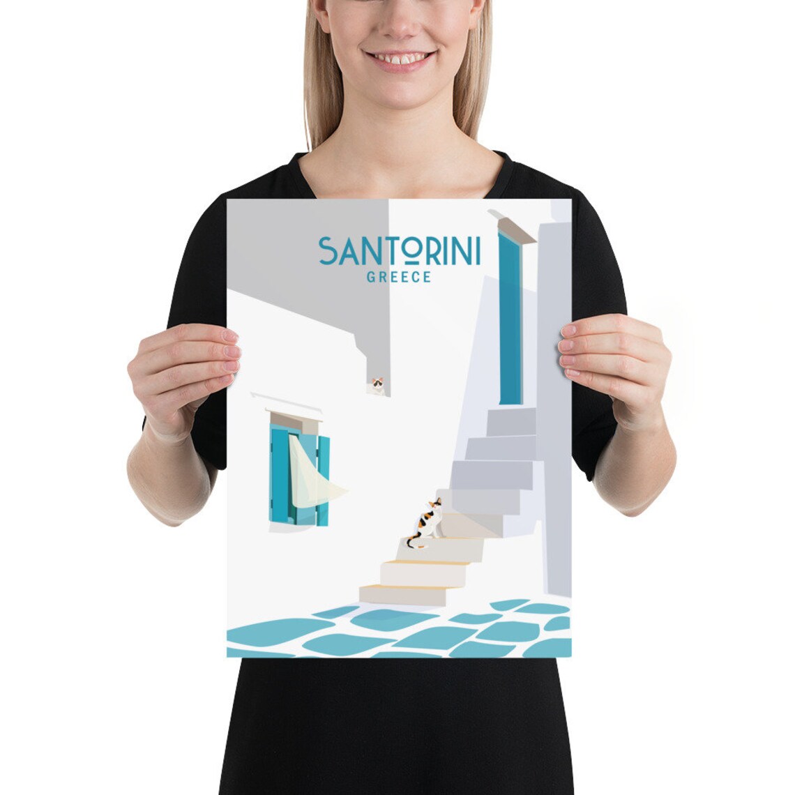 Santorini Greece Travel Poster Blue Door White Alley Cats Scene - Image 2