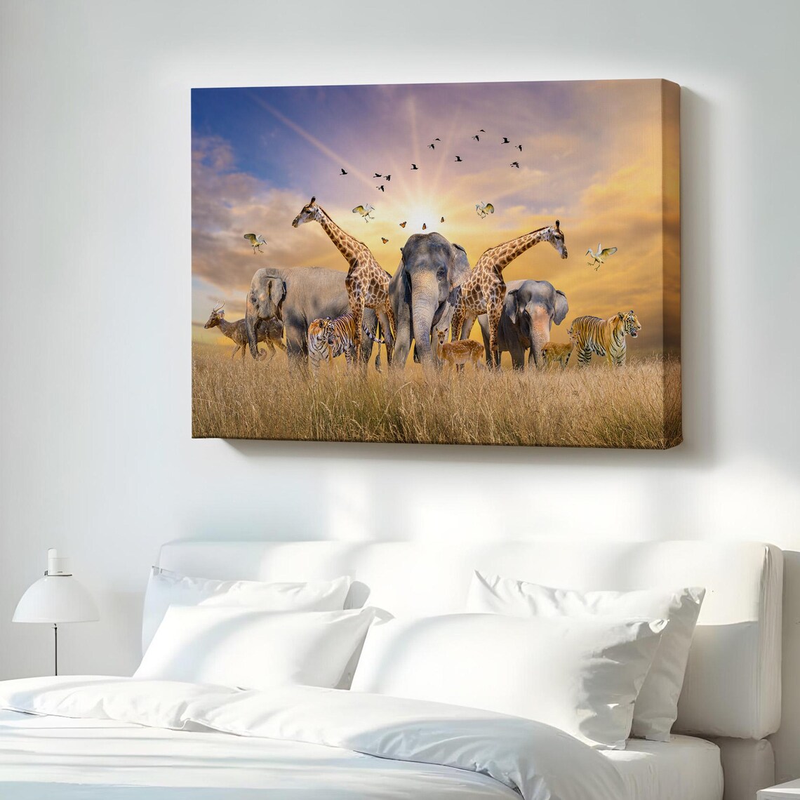 African Safari Animals At Golden Sunset Elephants Giraffes Tigers Canvas Print
