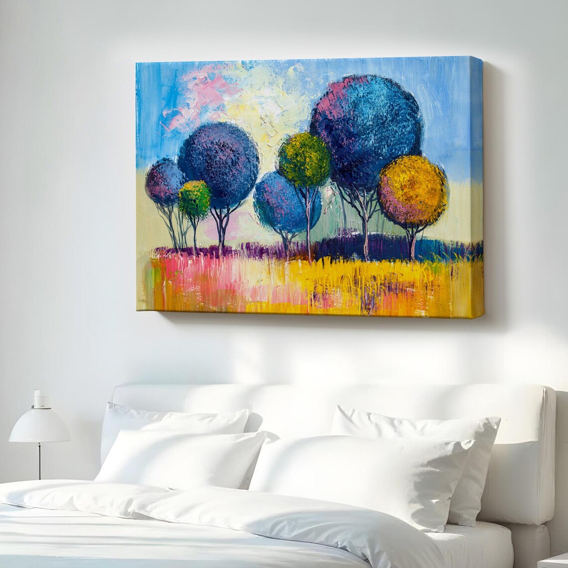 Abstract Round Trees Over Golden Meadow Bright Colorful Modern Art Poster