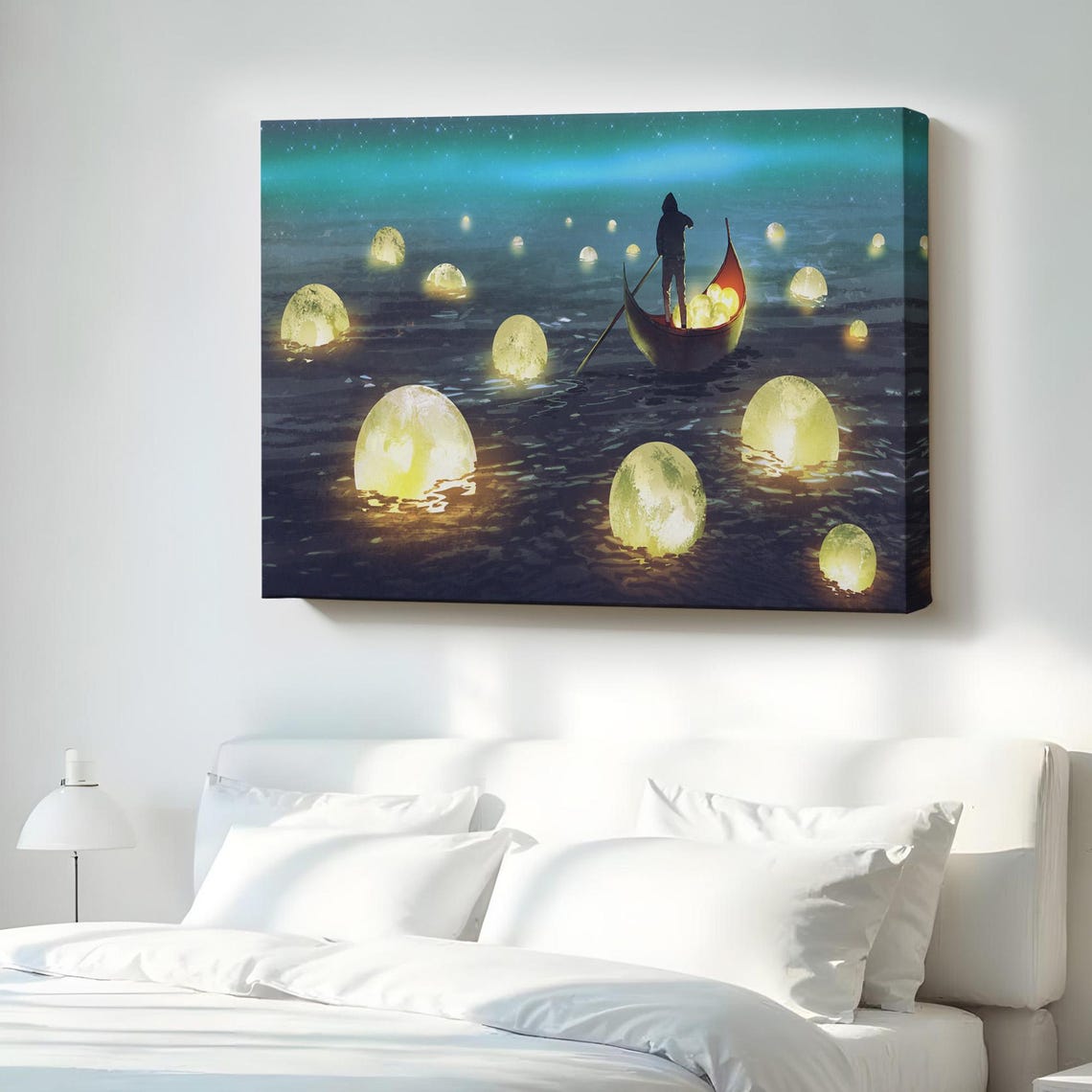 The Man Who Collects Fallen Moons Surreal Night Canvas Poster