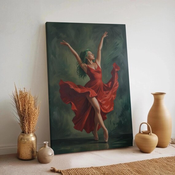 Elegant Dancer Canvas Red Dress Woman Ballet Art Graceful Movement Painting Ballerina In Motion Framed Modern Dramatic Dance Decor
