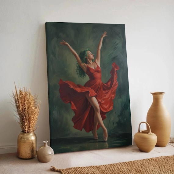 Elegant Dancer In Flowing Red Dress Ballroom Dance Art Poster