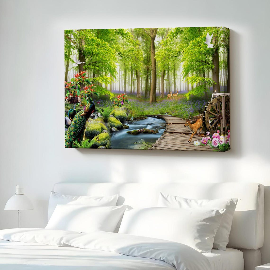 Peacock And Deer In A Sunlit Forest Beside A Stream Canvas Wall Art